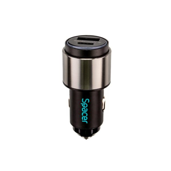 ALIMENTATOR auto SPACER QC si PD 38W total max, Quick Charge 18W & Power Delivery 20W, 38W total max., 1 x USB + 1 x USB Type-C, LED ambiental, pt. bricheta auto, black, „SPCC-DUOQ-38W” (timbru verde 0.18 lei)
