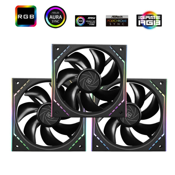 Set 3 ventilatoare Thermalright „TL-M12”, 120mm, 1500 RPM, S-FDB Bearing, 47.6 CFM, LED ARGB, 4pin PWM, negru, „TL-M12-3” (timbru verde 1,8lei)